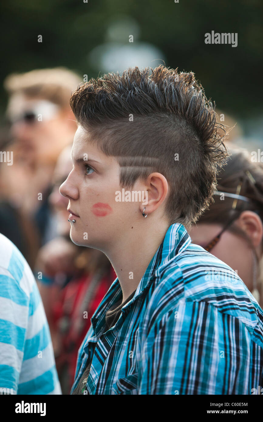Girl with lipstick kiss on her cheek Stock Photo Alamy