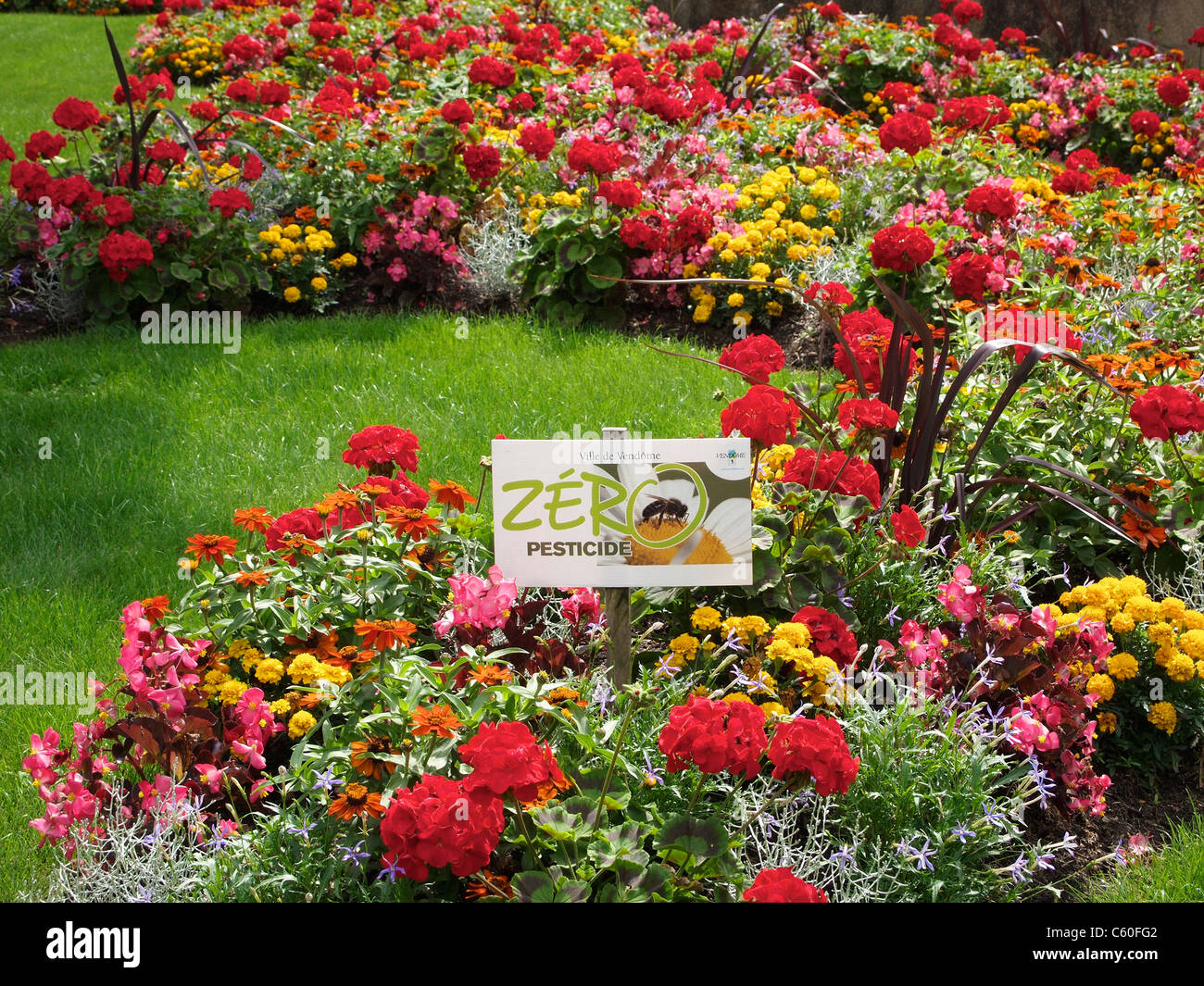 Very colourful bed of flowers with zero pesticides sign in Vendome, Loire valley, France Stock Photo