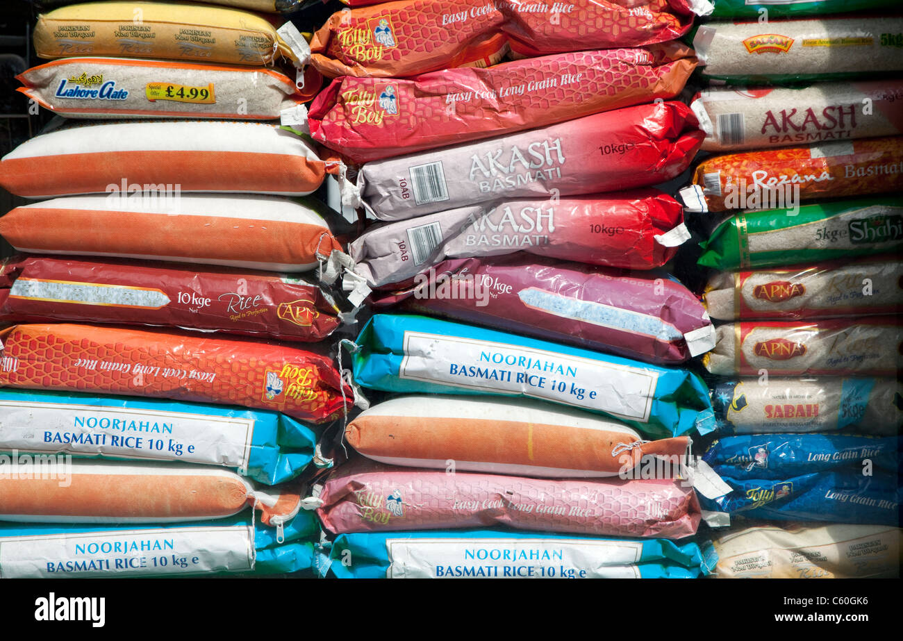 Bags of basmati & long grain rice in London shop window Stock Photo Alamy
