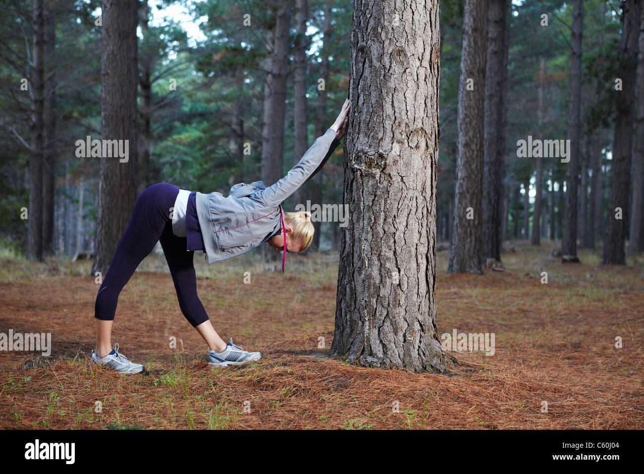 Runner stretching in forest Stock Photo