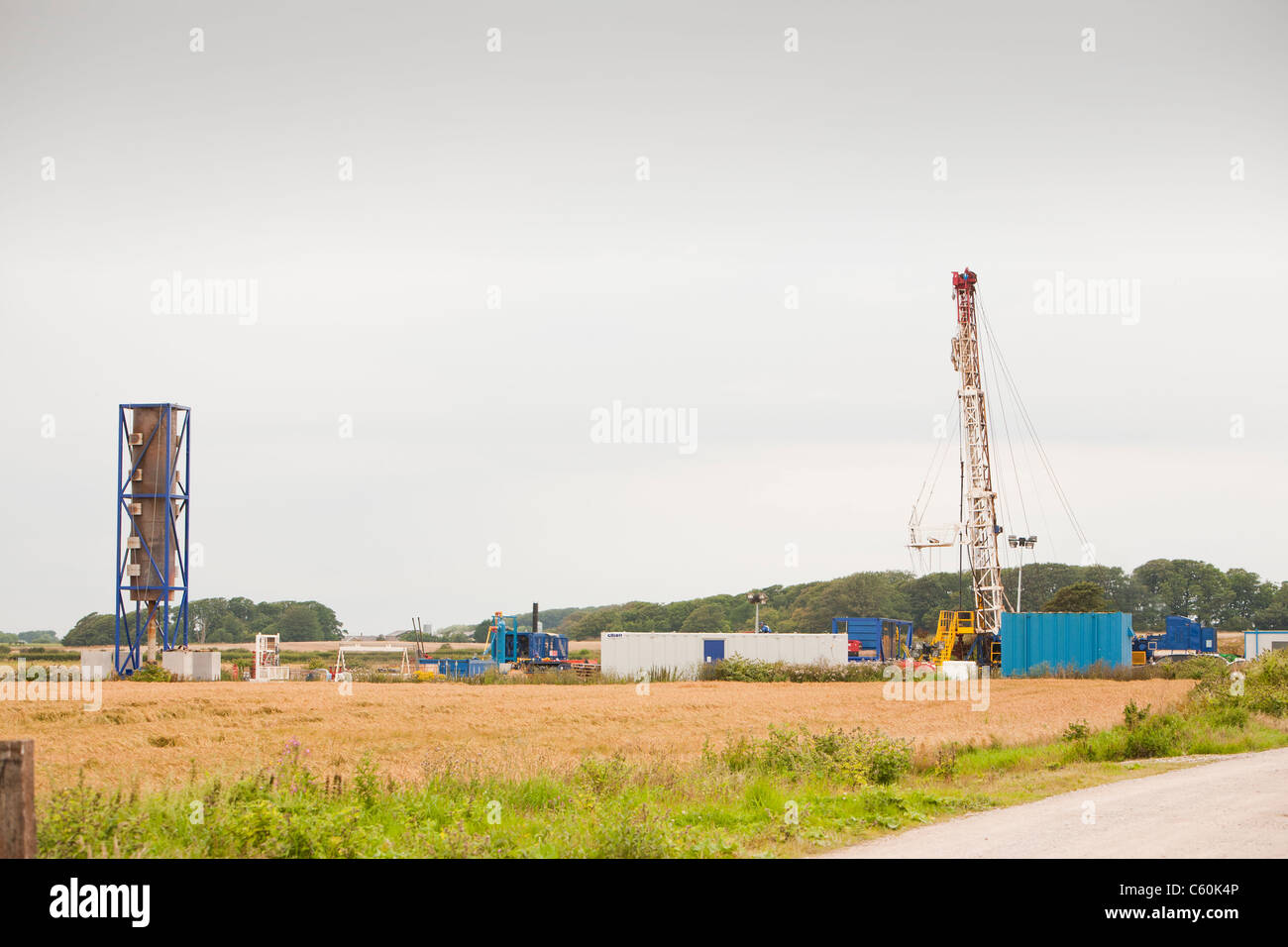 A test drilling site for shale gas at Preese Hall Farm near Blackpool, Lancashire, UK. Stock Photo