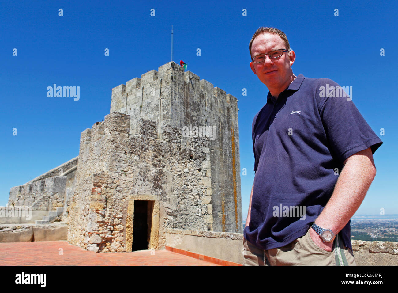 A British tourist visits Palmela Castle, Portugal. Stock Photo
