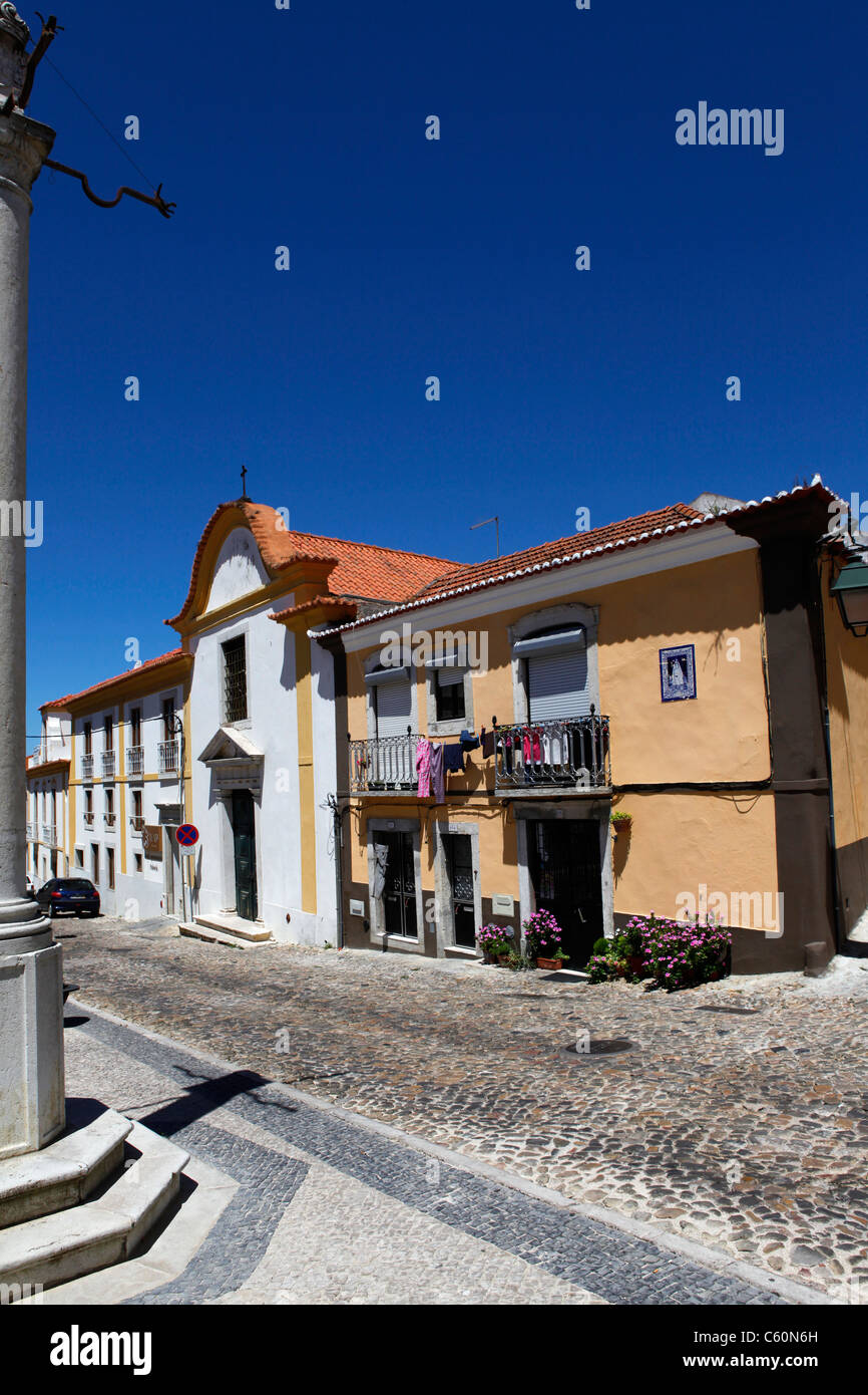 Traditional Portuguese architecture on the Market Square in Palmela, Portugal. Stock Photo