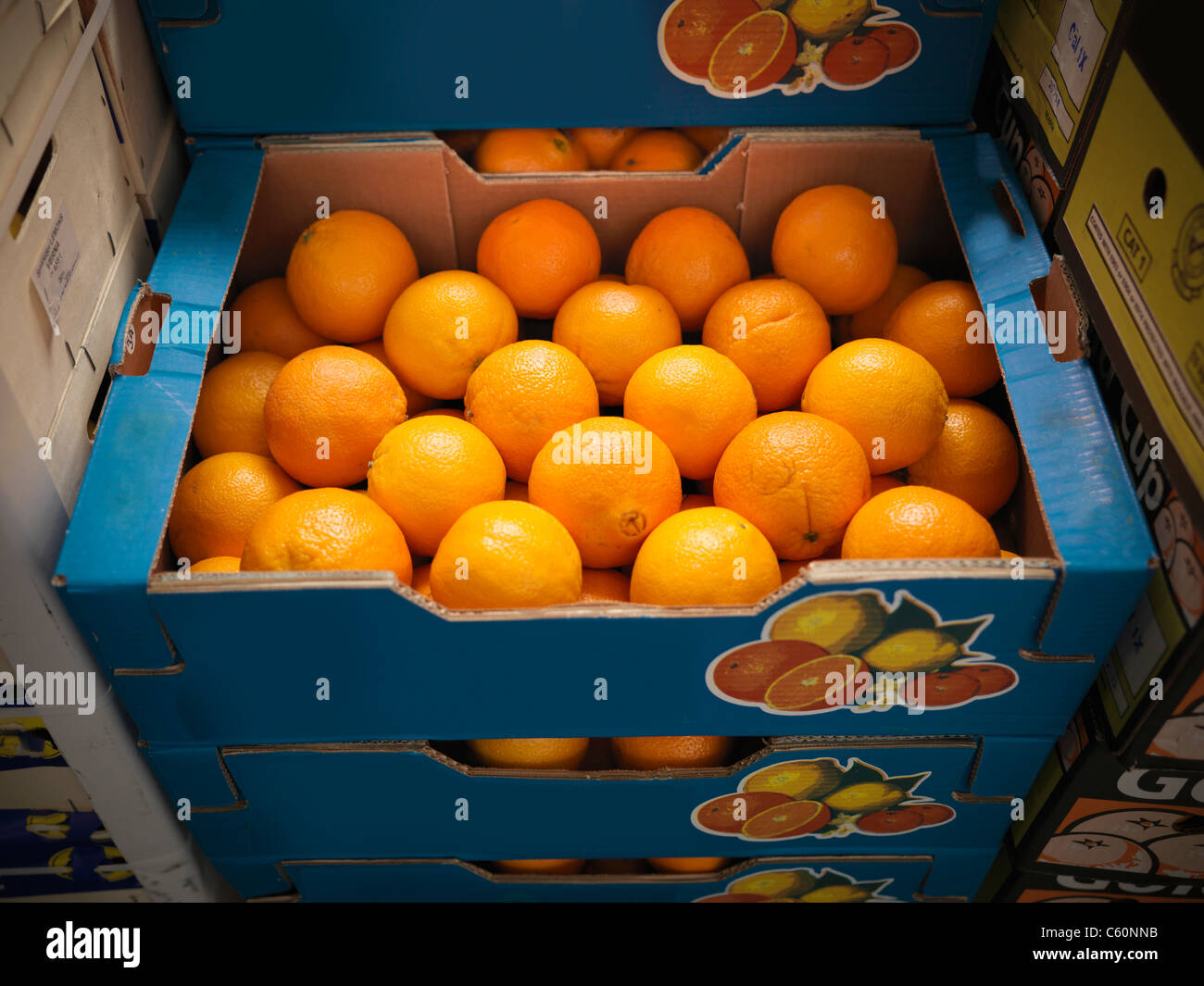 Close up of boxes of oranges Stock Photo