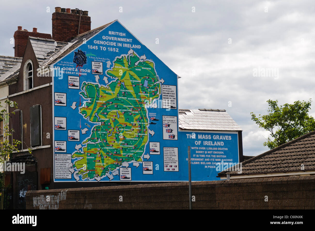 Mural in West Belfast remembering sites of mass graves caused by British in Ireland. Stock Photo