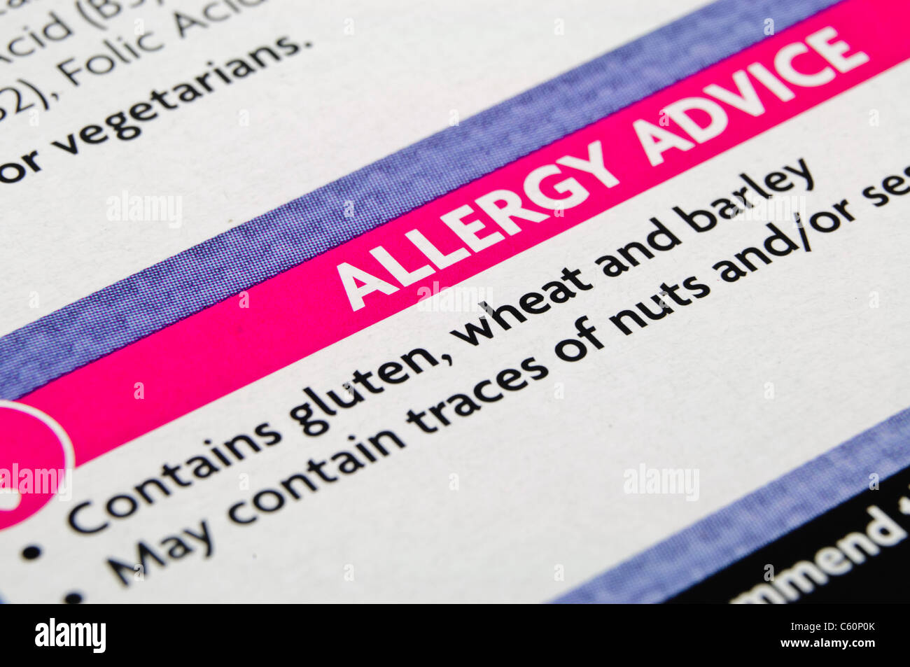 Food allergy label on a food packet indicating the presence of gluten, wheat and barley Stock Photo