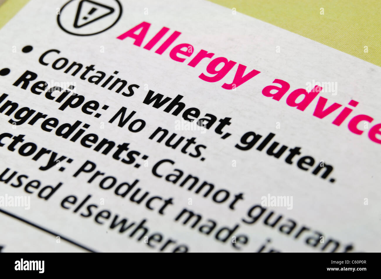 Food allergy label on a food packet indicating the presence of gluten and wheat Stock Photo