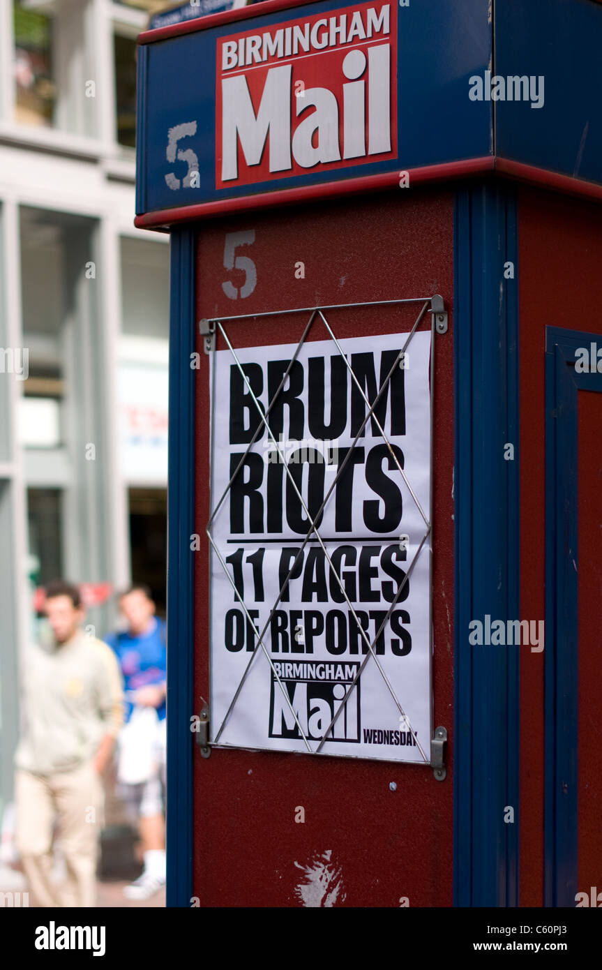 Birmingham Riots reports advertised on a billboard next to New Street Station, Birmingham. Stock Photo