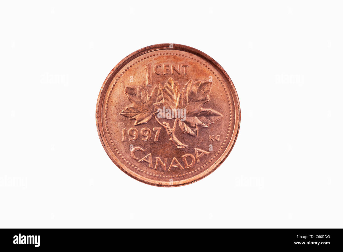 Detailansicht einer kanadischen 1 Cent Münze aus dem Jahr 1997 | Detail photo of a 1 Cent coin of Canada from the year 1997 Stock Photo