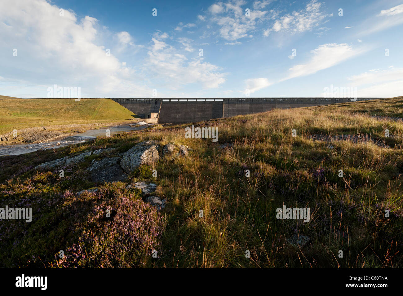 The upper reaches of the River Tees flowing out from the dam at Cow Green Stock Photo