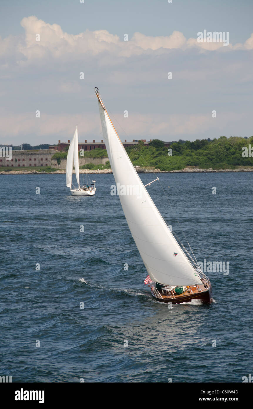 USA, Rhode Island, Newport. Sailing in Newport harbor with historic