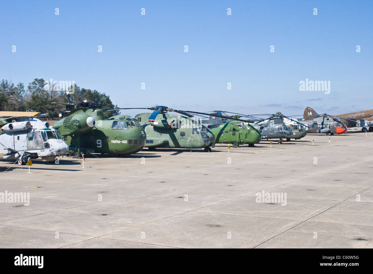 Military helicopters at the National Naval Air Museum in Pensacola, Florida - home of the Blue Angels. Stock Photo
