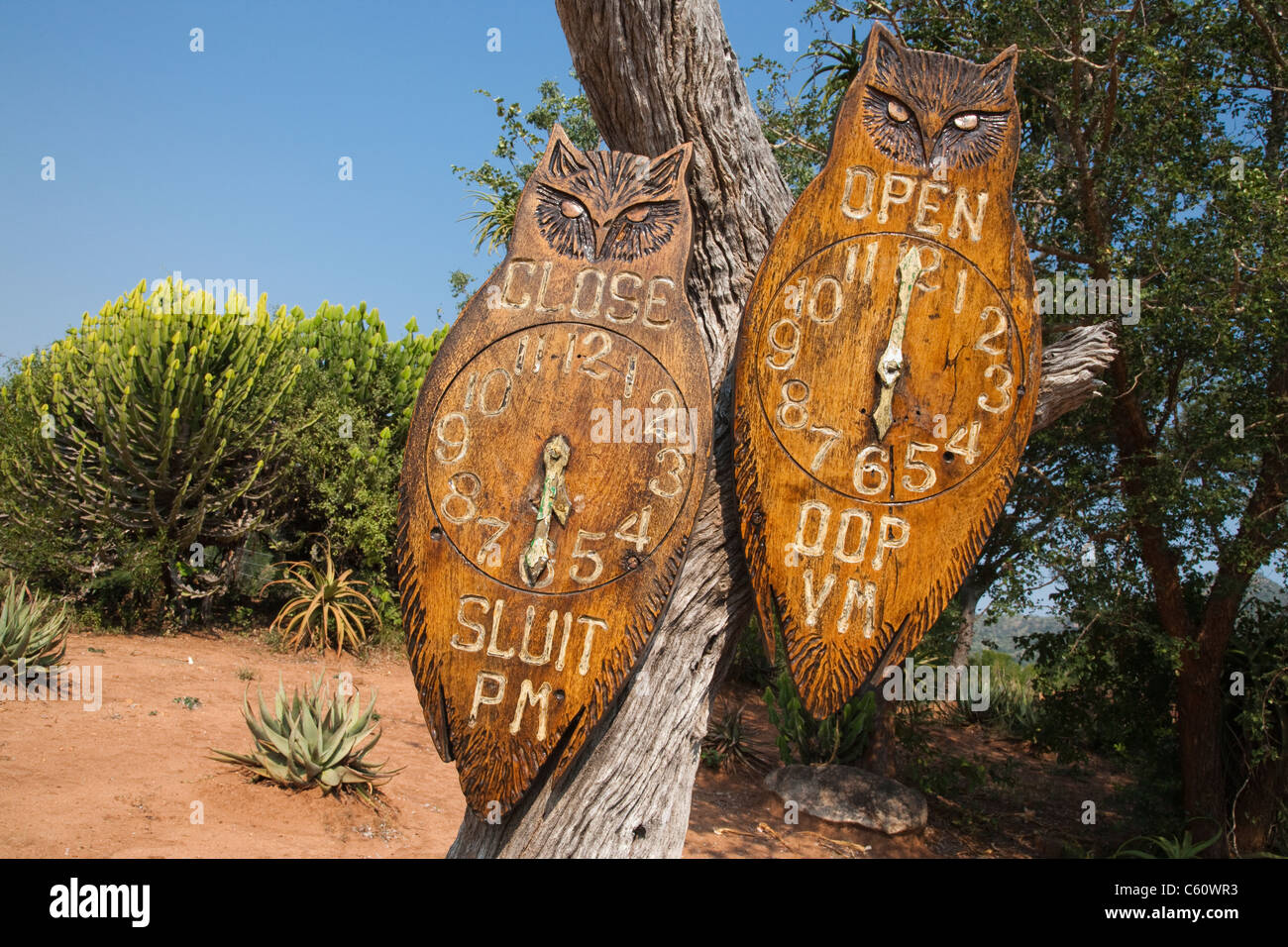 Gate times sign, Berg-en-dal rest camp, Kruger national park, South Africa Stock Photo