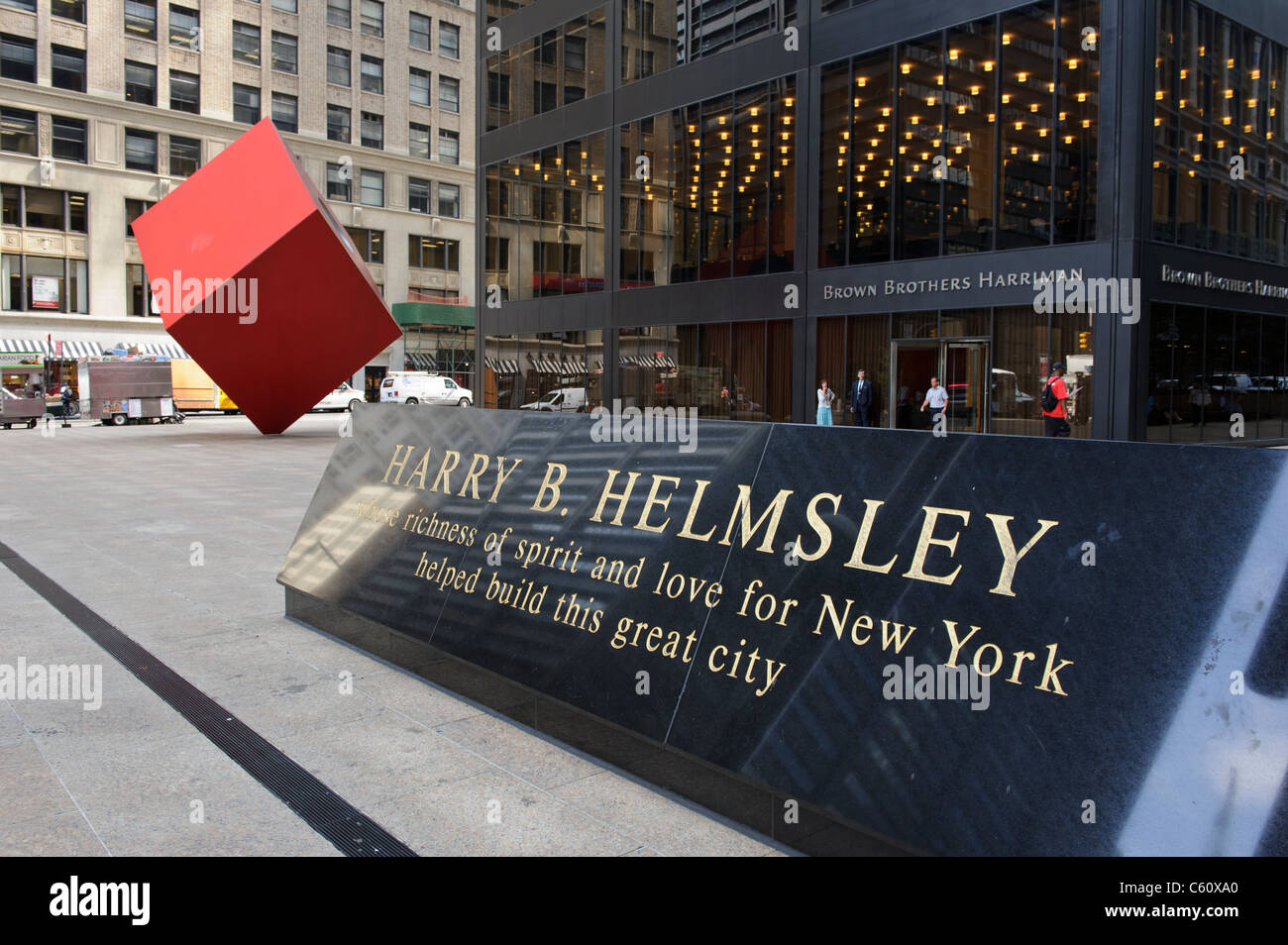 Isamu Noguchi's Red Cube on Broadway Street, New York City, Manhattan, USA Stock Photo