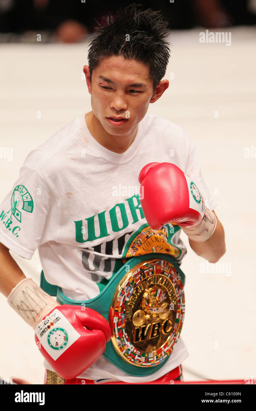Boxing : Kazuto Ioka of Japan celebrates with his Champion belt during the WBC Minimum weight title bout Stock Photo