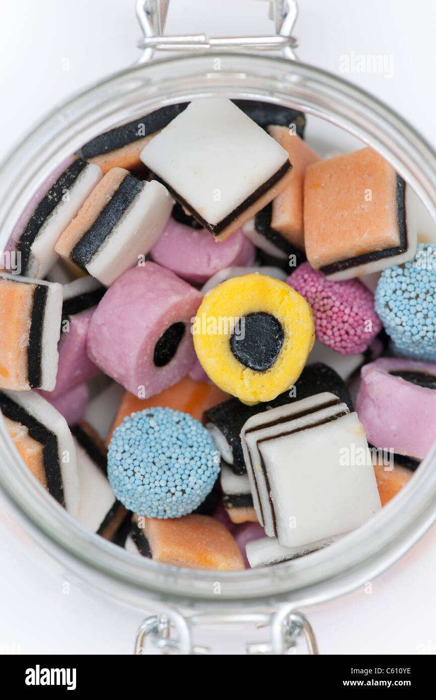 Liquorice allsorts in a jar Stock Photo