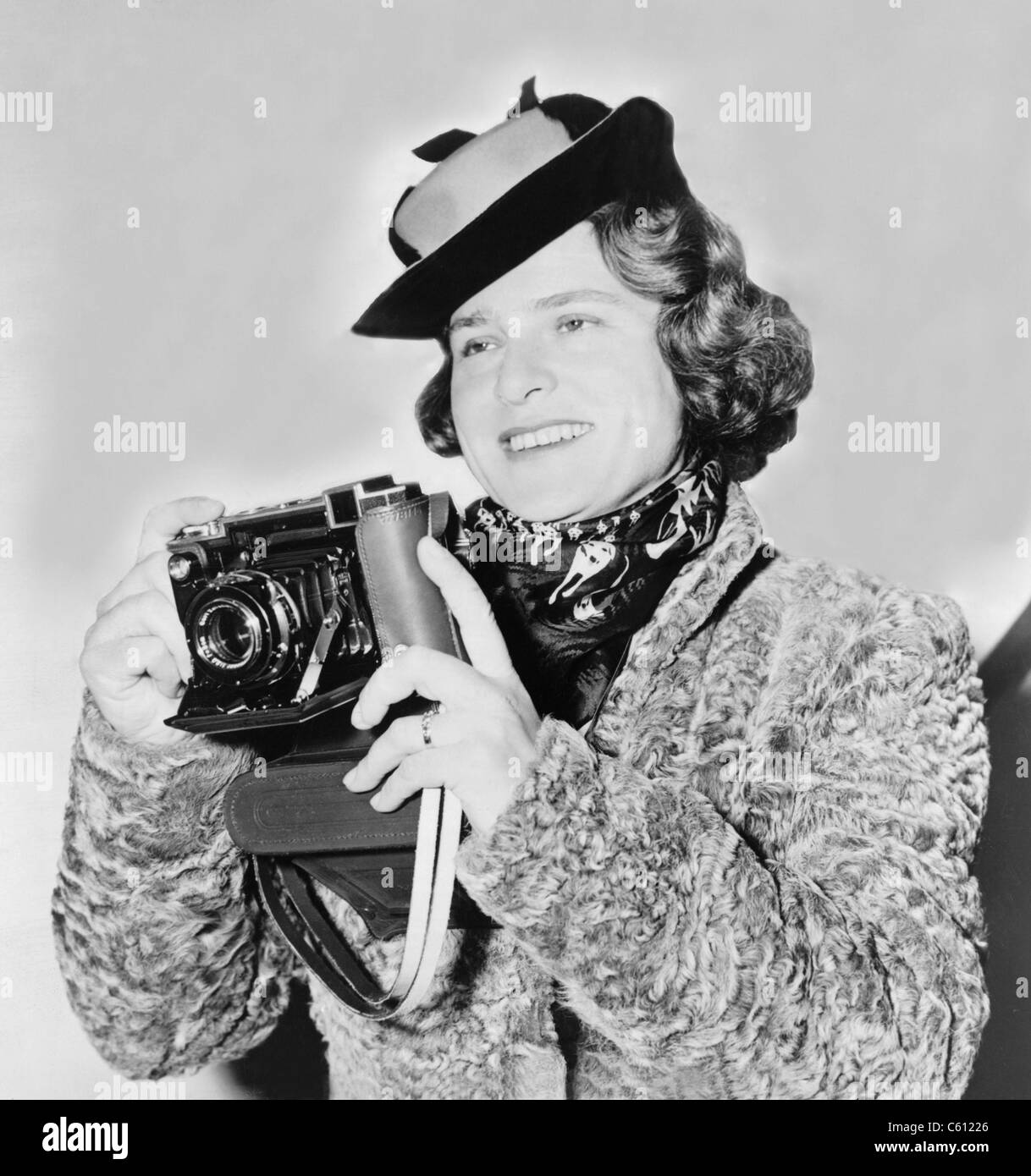 Margaret Bourke-White (1904-1971), one of the most prominent photojournalists of the 20th century. Her credits include the first cover of LIFE magazine, and she was the first female war correspondent during World War II. 1941 portrait. Stock Photo