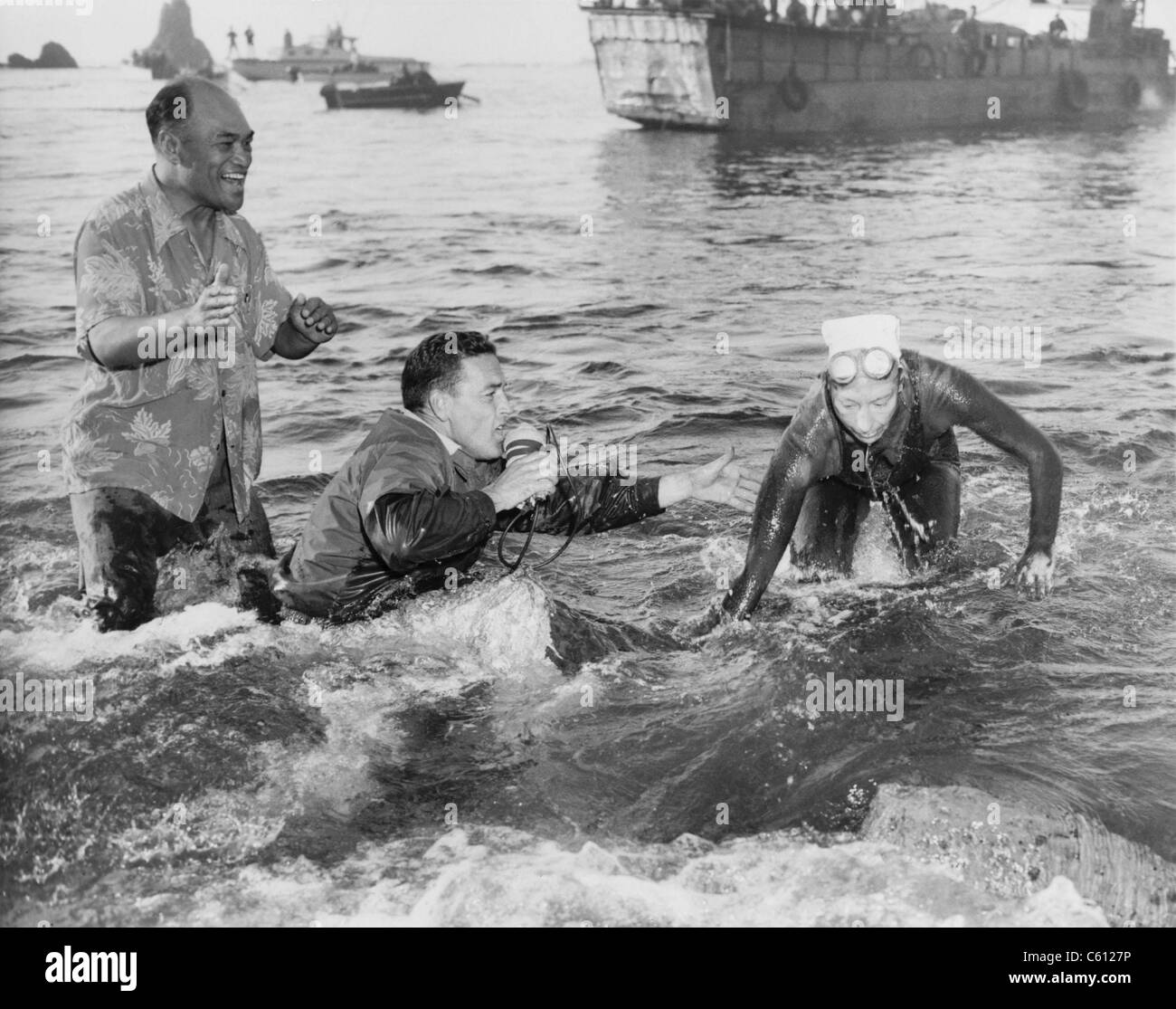 Florence Chadwick, (19181995), finishes a swim across Catalina Channel