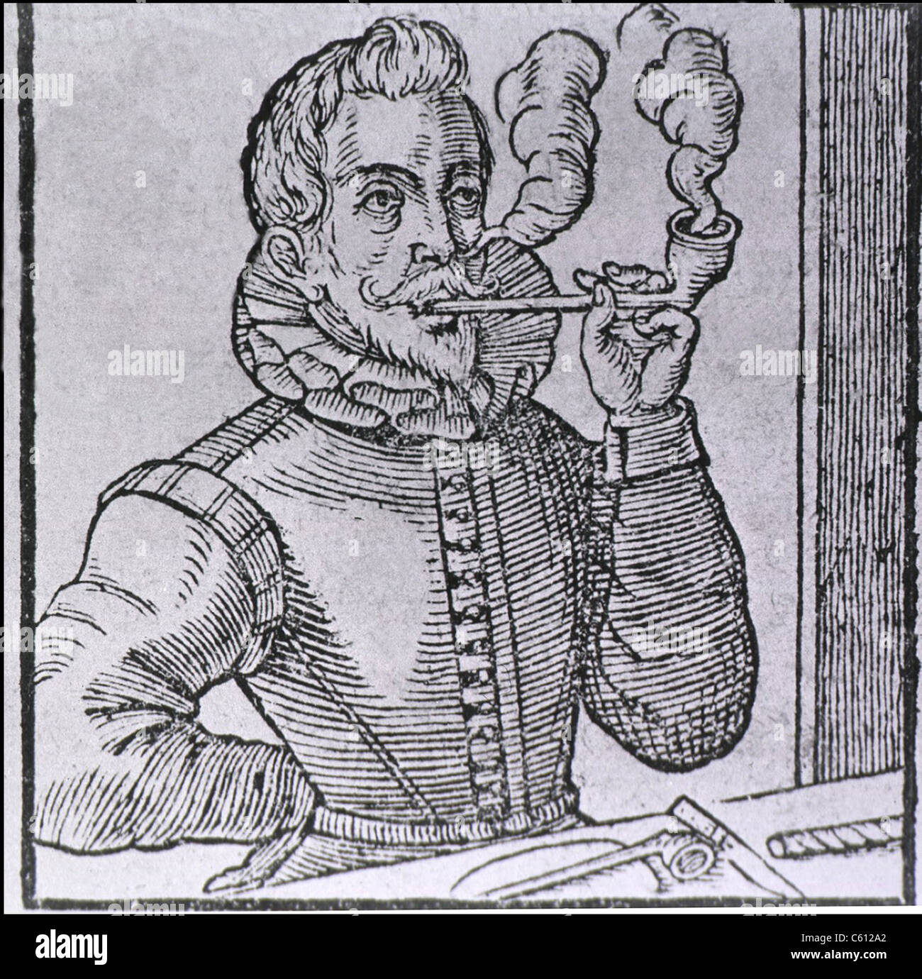 16th century Dutchman smoking a long-stemmed pipe, with another pipe and  roll of tobacco on the table. Pipe smoking was introduced to Europe in the  16th century by sailors returning from the