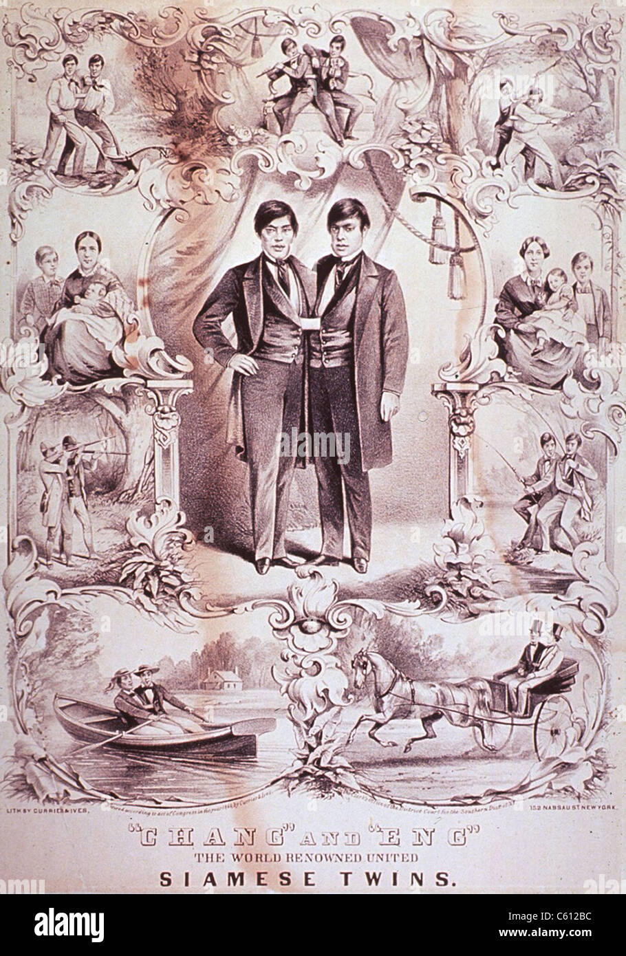 Chang and Eng, (1811-1874), World Renowned United Siamese Twins.  Surrounding the twins portrait are scenes of their activities Stock Photo