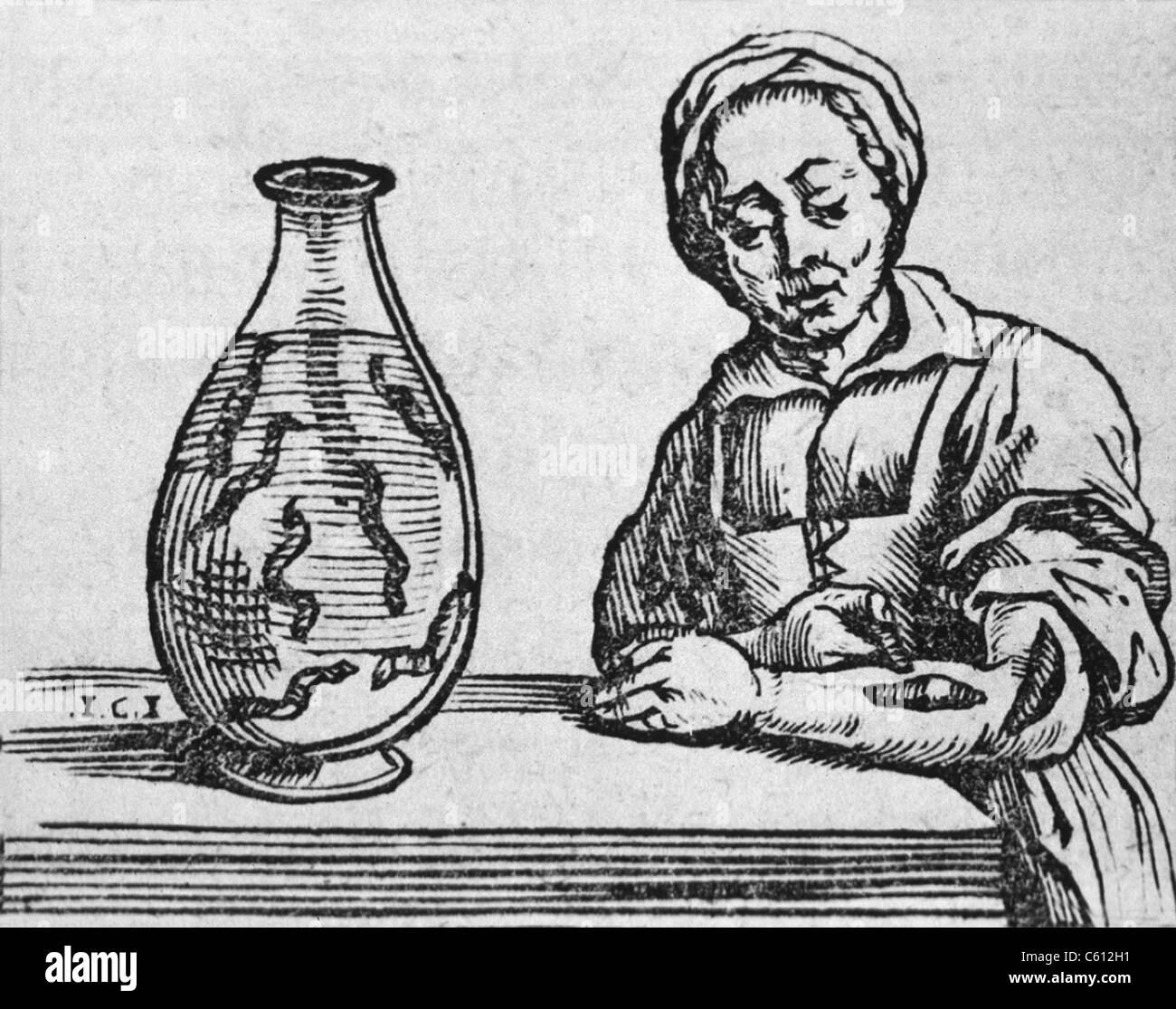 Woman applying a medicinal leech to her forearm, woodcut from a 1639