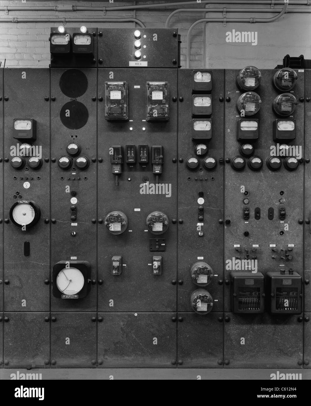 Control Panels of the Detroit Edison Substation in the early 20th century. The station's function was to step down (reduce) high voltage incoming electric current before distribution to customers and to convert alternating current into direct current for streetcar lines. Ca. 1920. Stock Photo