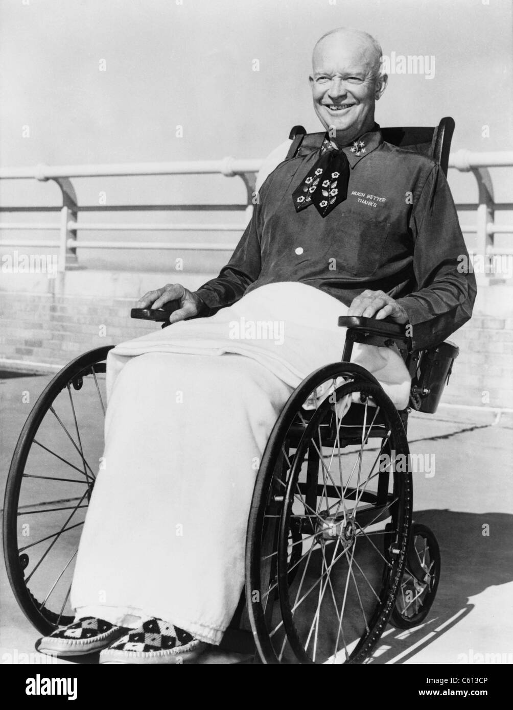 President Dwight D. Eisenhower (1890-1969), in wheelchair at Fitzsimons Army Hospital, Denver, following his serious heart attack on September 24, 1955. Against his doctors' advice, he successfully ran for a second term in 1956. Stock Photo