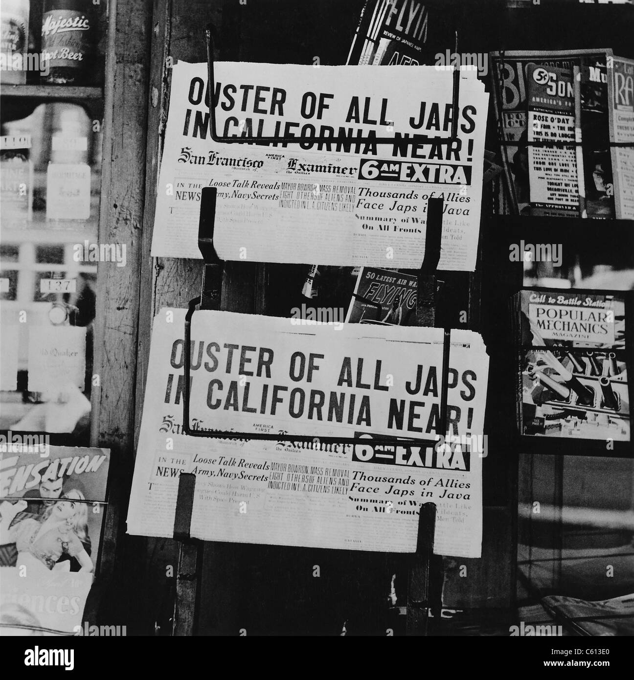 San Francisco Examiner headline announcing internment of Japanese Americans during WW2. On February 19, 1942, Franklin D. Roosevelt signed Executive Order 9066, requiring the incarceration of all 120,000 Americans of Japanese descent. February 1942 photograph by Dorothea Lange. Stock Photo