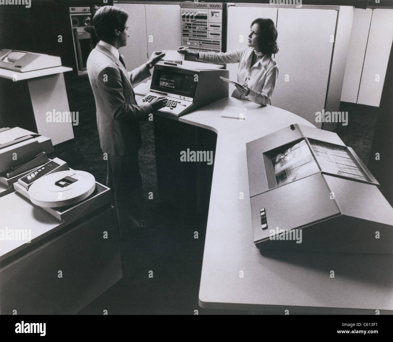 Mainframe computer Sperry UNIVAC 90/80 was released in 1976 by the Sperry Rand Corporation to compete with the IBM System 360 series of mainframe computers. Stock Photo