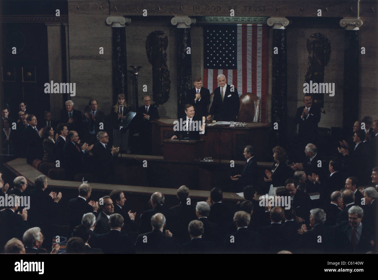 President Bush addresses a joint session of Congress regarding the end of the war with First Gulf War. The multi-national coalition completed their mission to drive Iraqi troops from Kuwait and did not pursue them into Iraq. Mar. 6 1991. (BSLOC 2011 3 86) Stock Photo
