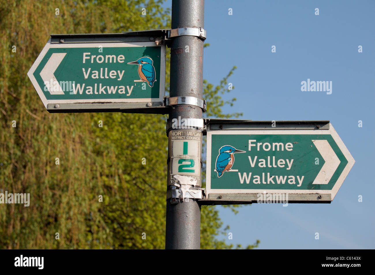Road signs for the Frome Valley Walkway in Chipping Sodbury, South Gloucestershire, UK. Stock Photo