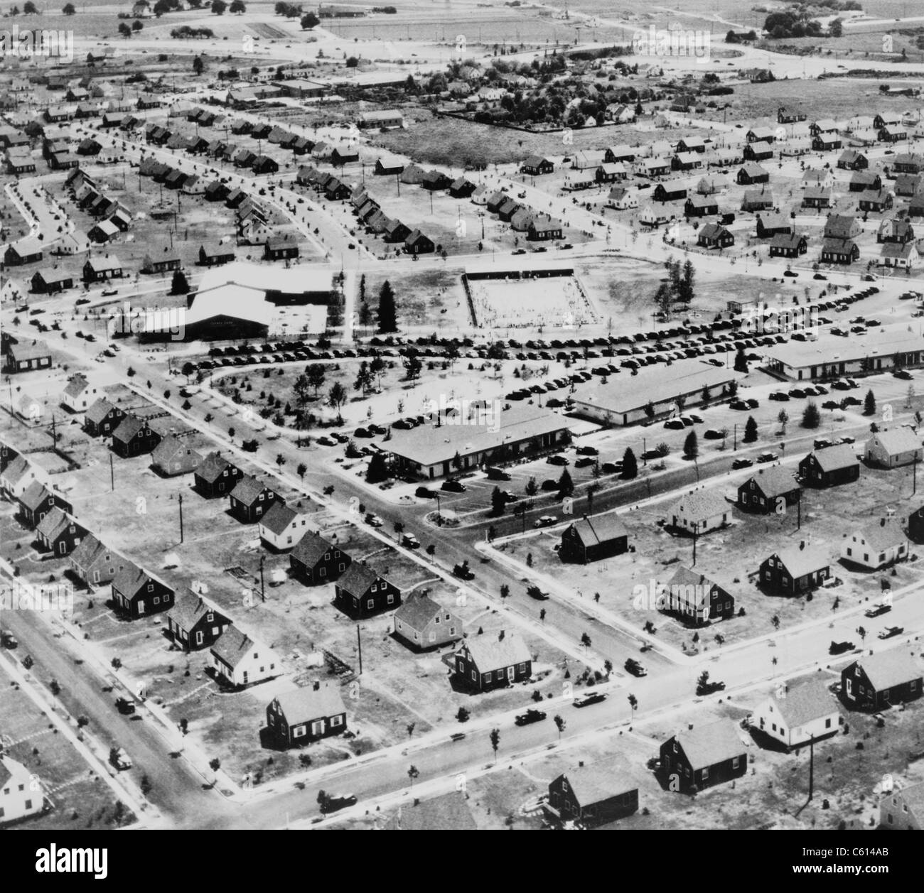 Aerial view of Levittown New York in 1953. Levittown was named after William Levitt the builder of the planned suburban community on Long Island New York. Ca. 1950. (BSLOC 2010 18 92) Stock Photo