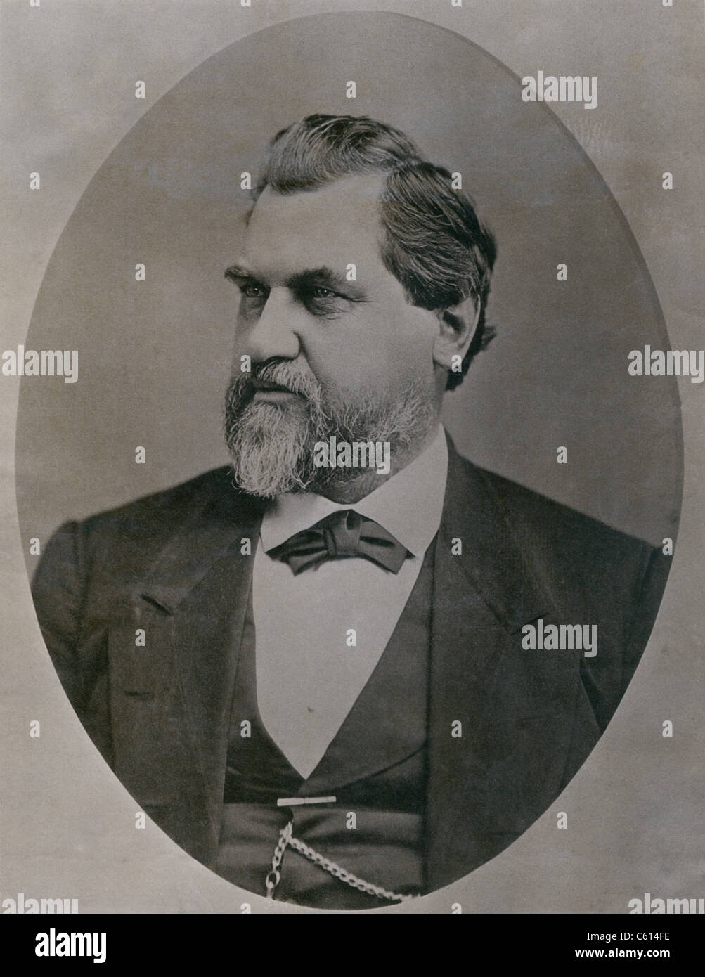 Leland Stanford 1824-1893 was drawn to California by the Gold Rush in the 1850s. He was a key investor in the Central Pacific Railroad was elected Governor and U.S. Senator and founded Stanford University. Ca. 1870. (BSLOC 2010 18 150) Stock Photo