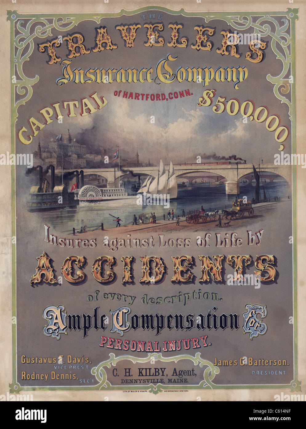 Travelers Insurance Company advertising poster. The company was founded in 1864 in Hartford Connecticut. Late 19th century. (BSLOC 2010 18 46) Stock Photo