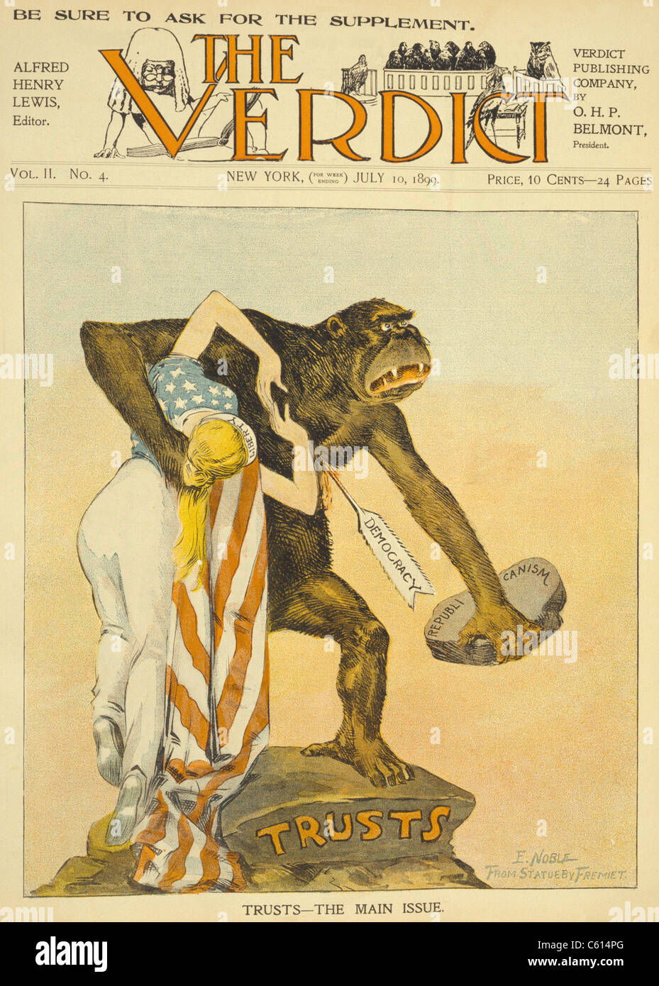 TRUST-THE MAIN ISSUE. Anti-trust and anti-Republican Party cartoon by E. Noble on the cover of VERDICT. An ape representing Industrial trusts clutches Lady Liberty in one arm and holding a stone labeled 'Republicanism'. The ape has been shot with an arr (BSLOC 2010 18 56) Stock Photo