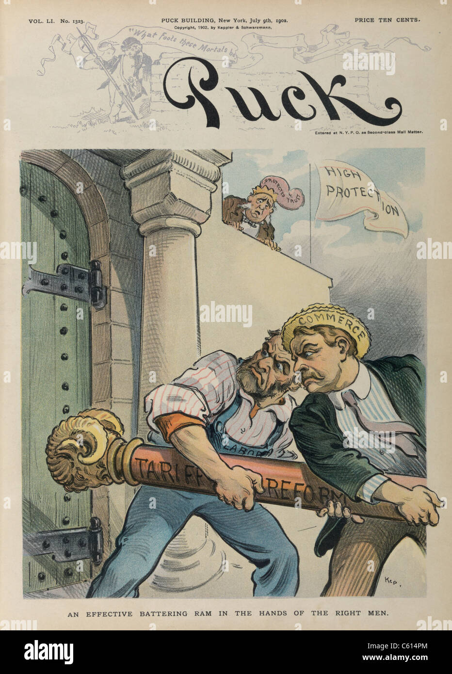 AN EFFECTIVE BATTERING RAM IN THE HANDS OF THE RIGHT MEN. Cartoon portrays labor and commerce using a battering ram to breech the wall of high protective tariffs. Udo Keppler cartoon was published on the cover of PUCK on July 9 1902. (BSLOC 2010 18 57) Stock Photo