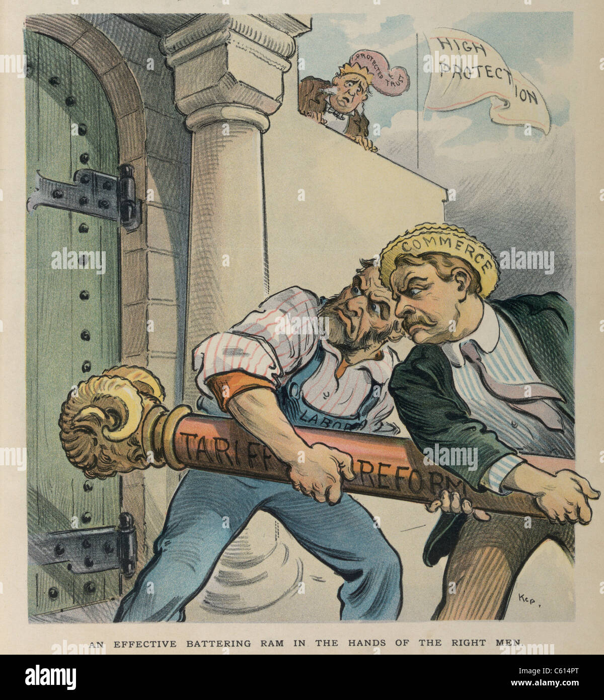 AN EFFECTIVE BATTERING RAM IN THE HANDS OF THE RIGHT MEN. Cartoon portrays labor and commerce using a battering ram to breech the wall of high protective tariffs. Udo Keppler cartoon was published in PUCK on July 9 1902. (BSLOC 2010 18 58) Stock Photo
