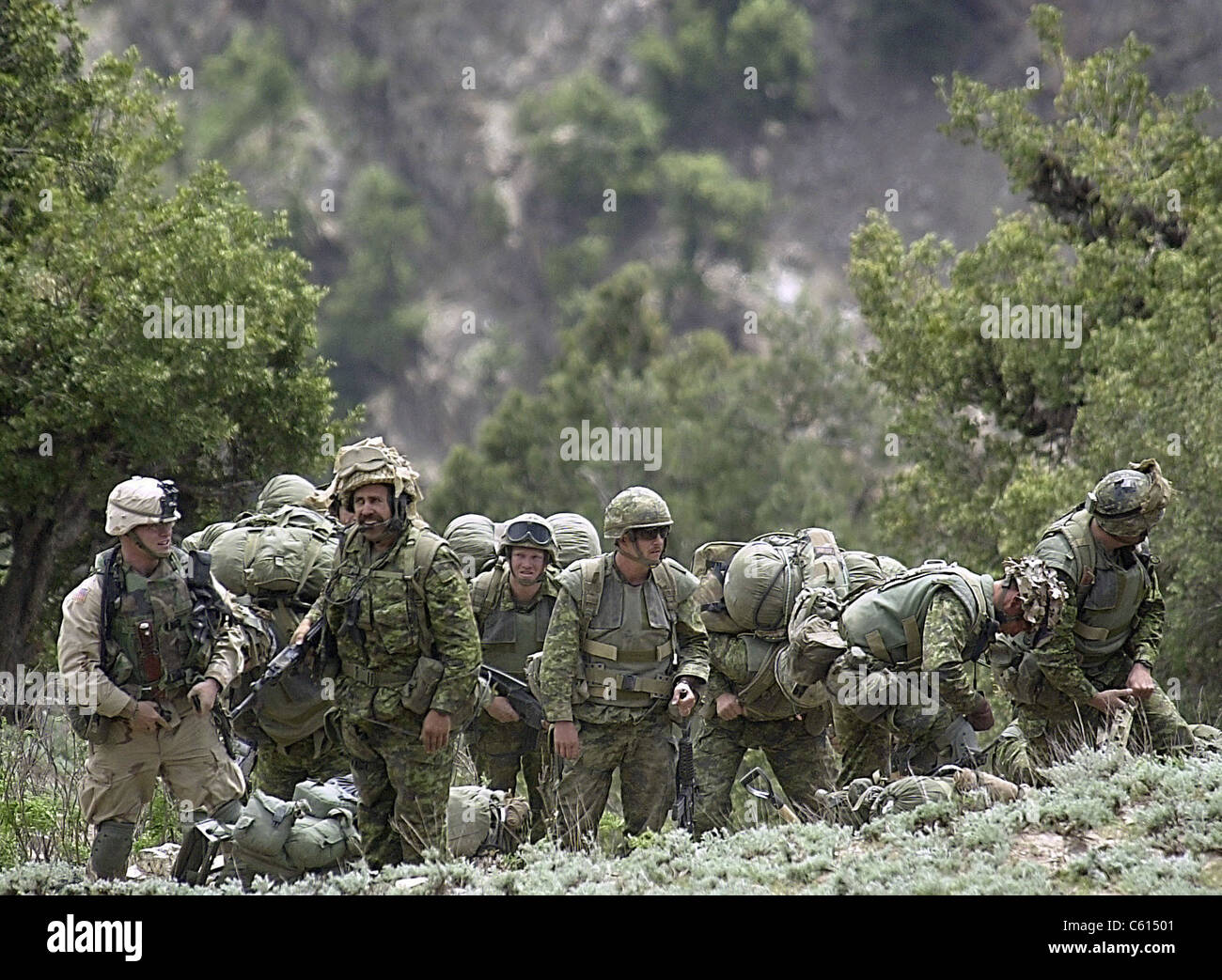 Coalition soldiers from US Canada and Afghanistan at a landing zone in 7 500-foot mountains in the Tora Bora region of Afghanistan. They are part of the over 400 members of Operation Torii who are looking for Osama Bin Laden. May 4 2002., Photo by:Everett Collection(BSLOC 2011 6 35) Stock Photo