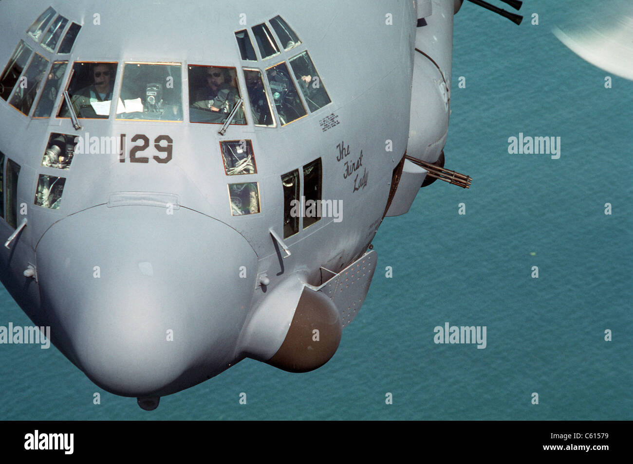 Close-up view of an C-130 Hercules gunship flying during Ronald Reagan's operations against Nicaragua's leftist government. Honduran and U.S. Army Special Forces conducted exercises discourage Nicaragua's raid into Honduras. Apr. 3 1987., Photo by:Everett Collection(BSLOC 2011 6 121) Stock Photo