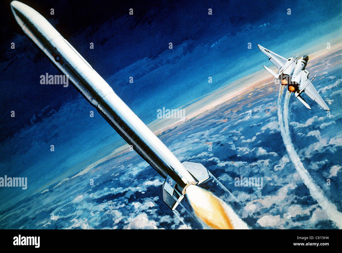 1983 military artist's concept of an anti-satellite missile after being launched from an F-15 Eagle aircraft. (BSLOC 2011 12 345) Stock Photo