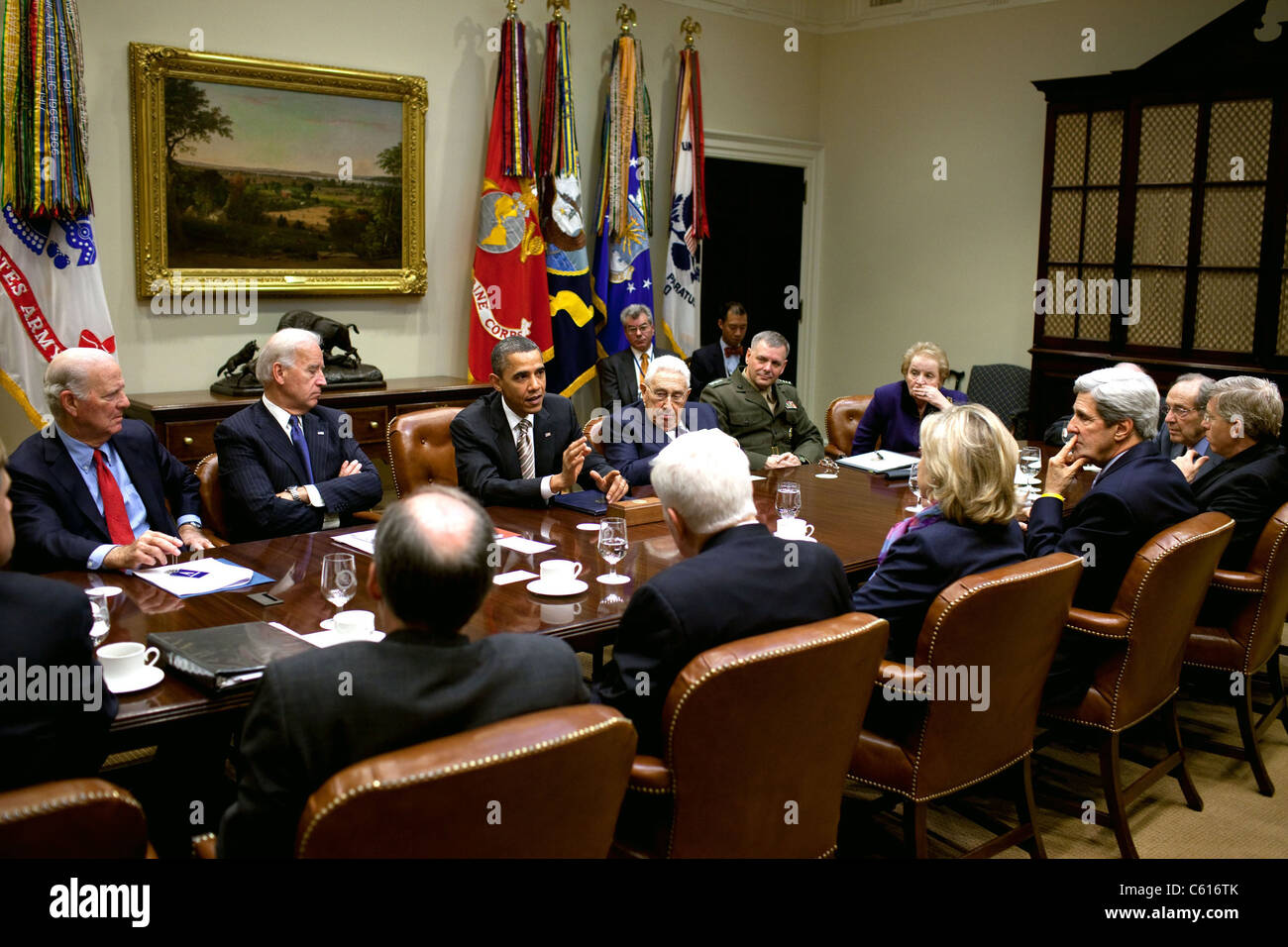 President Obama attends a START Treaty meeting hosted by VP Joe Biden. Former Secretaries of State attended including James Baker Henry A. Kissinger Madeleine Albright. Nov. 18 2010. (BSWH 2011 8 294) Stock Photo