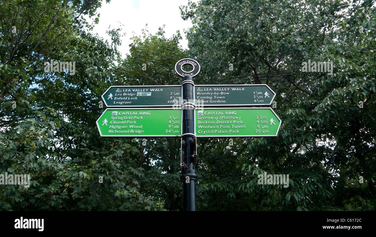 Lea Valley Walk and Capital Ring signpost at Old Ford Lock, East London England UK  KATHY DEWITT Stock Photo