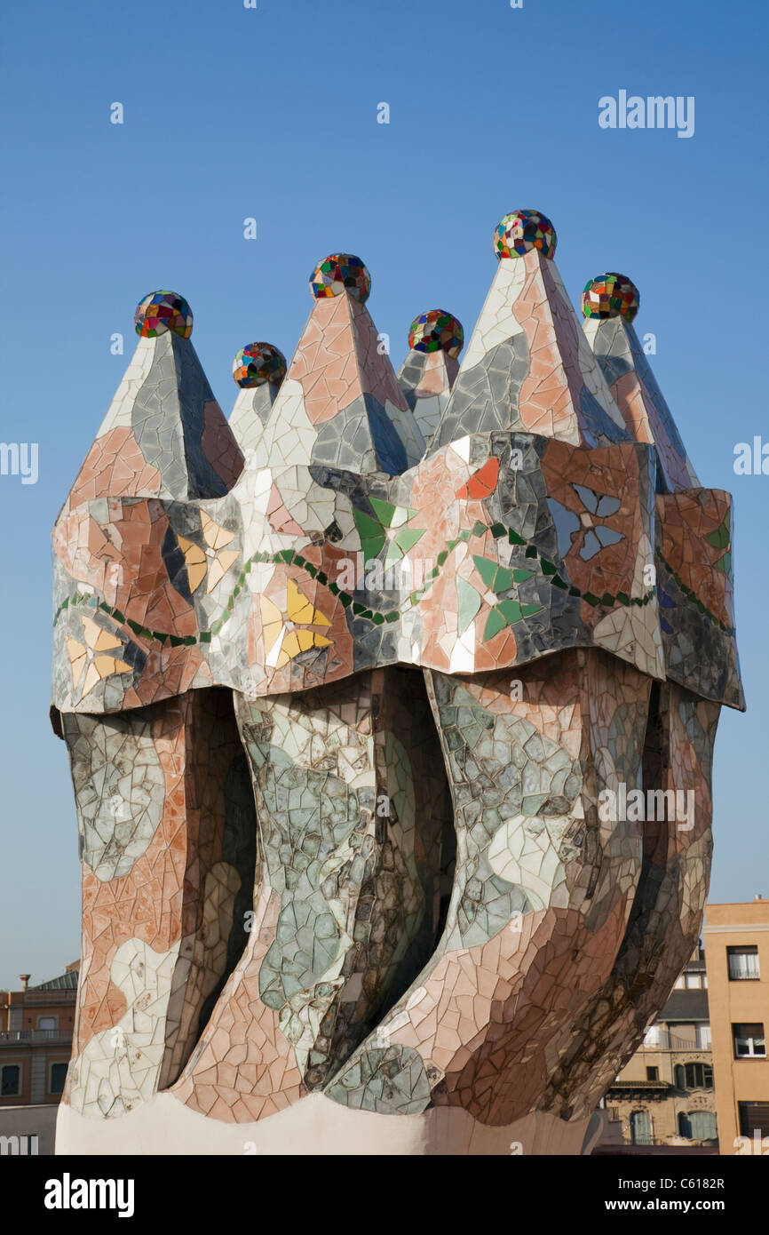Spain, Barcelona, Casa Batllo, The Rooftop Chimneys Stock Photo