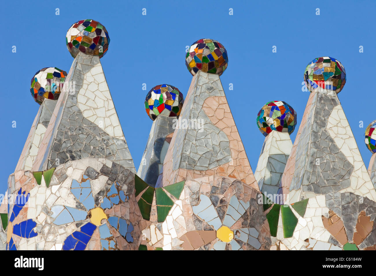 Spain, Barcelona, Casa Batllo, The Rooftop Chimneys Stock Photo