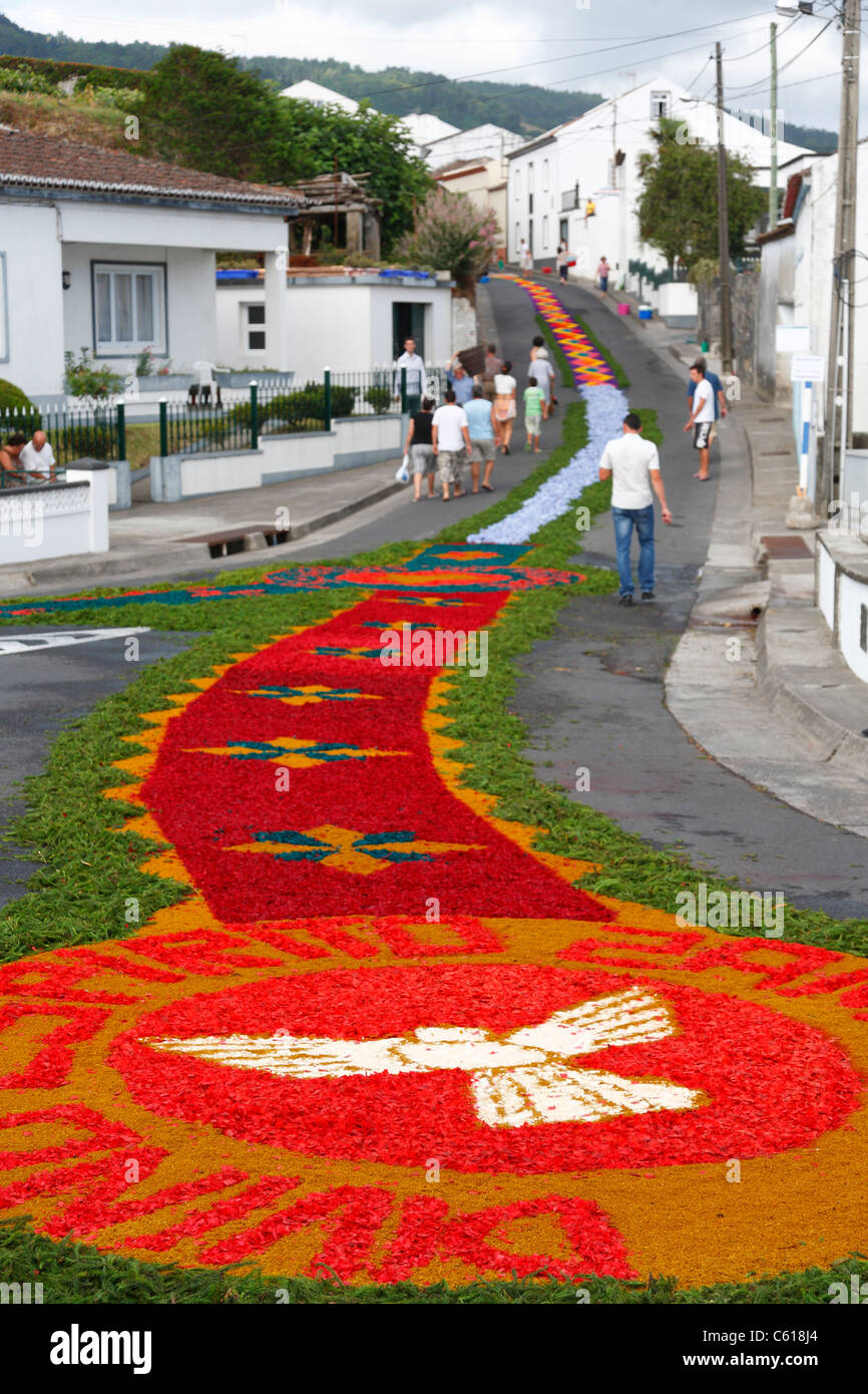 The streets in the parish of Ponta Garça decorated with flower carpets, Sao Miguel, Azores islands, Portugal Stock Photo