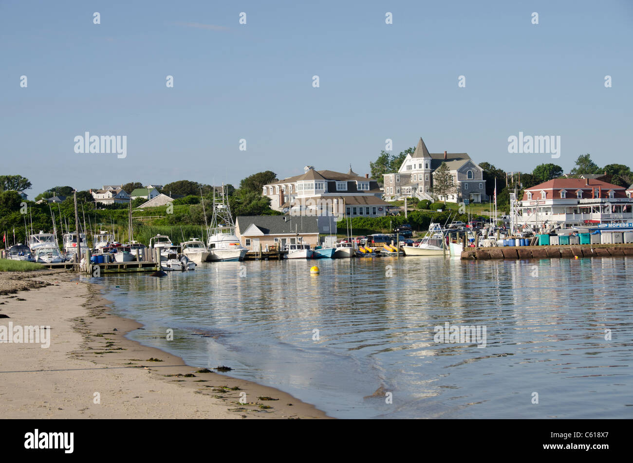 Rhode Island, Block Island (aka New Shoreham). The scenic harbor area of downtown Block Island