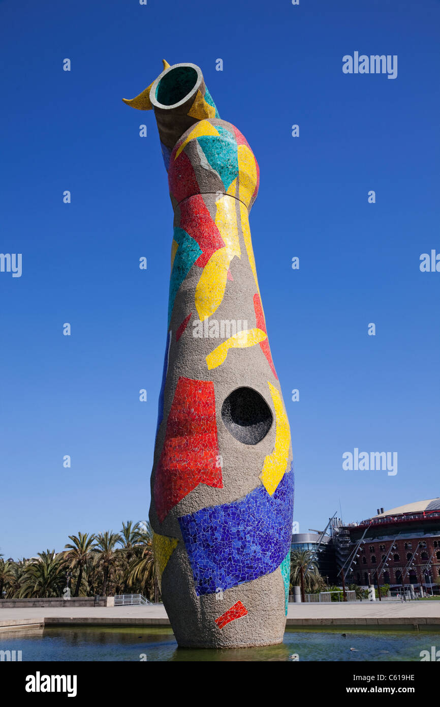 Spain, Barcelona, Joan Miro Park, Woman and Bird Sculpture by Joan Miro Stock Photo
