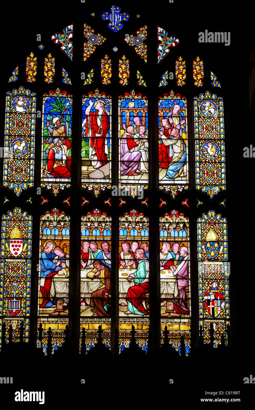 Stained glass window with depictions of the Resurrection, the Last
