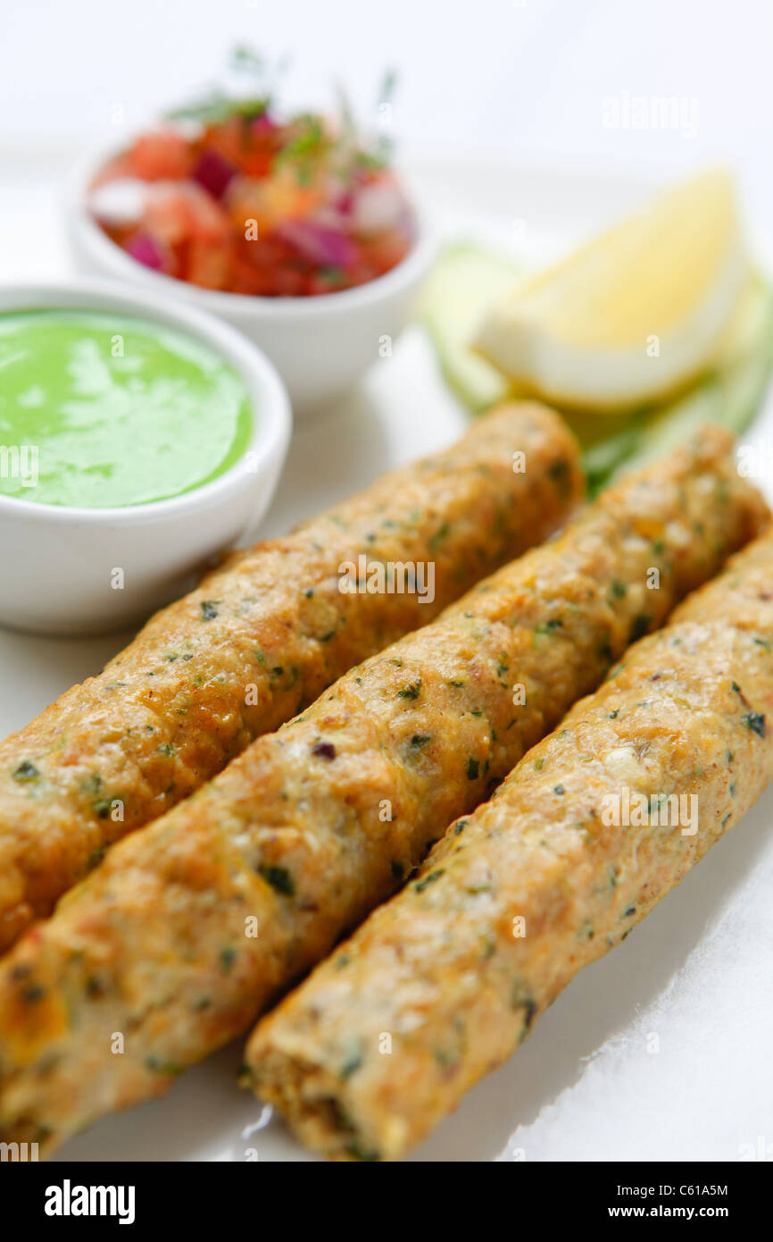Minced chicken kebab served in an Indian restaurant Stock Photo Alamy