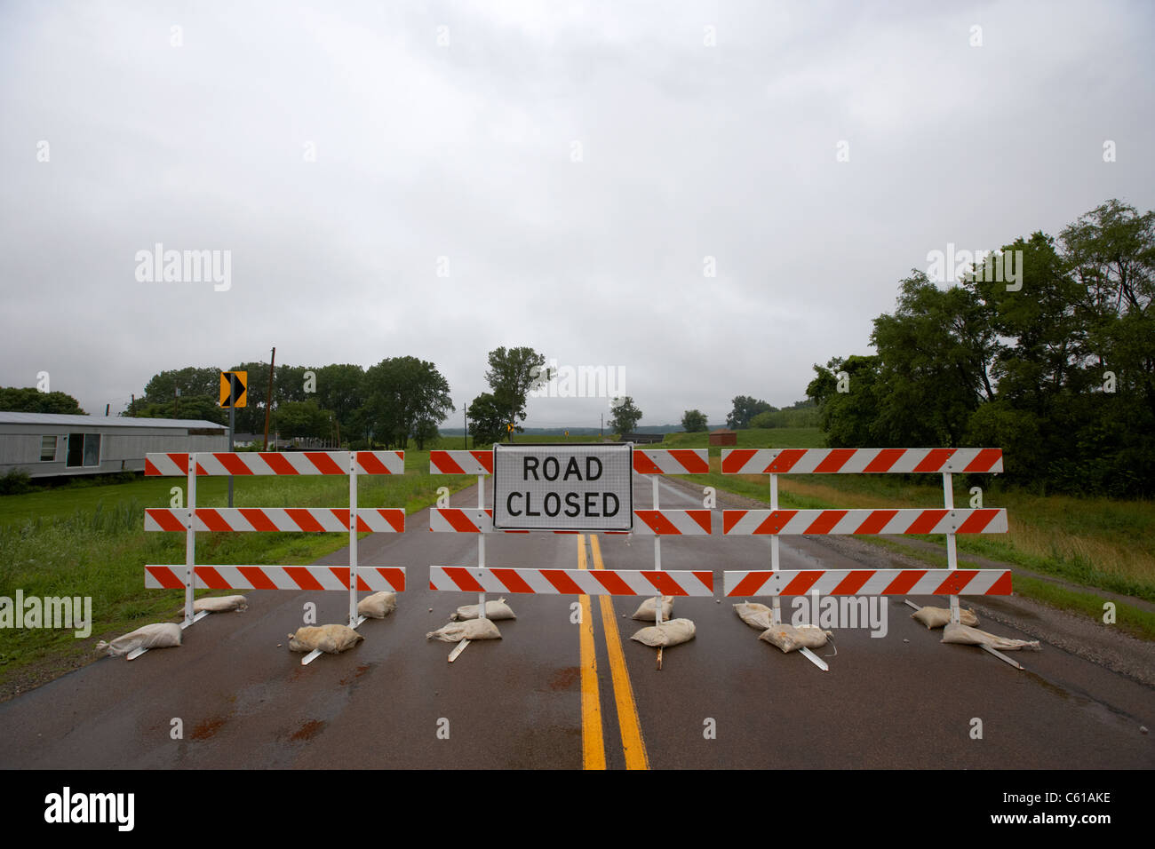 road closed and highway barrier due to flooding iowa usa united states of america Stock Photo